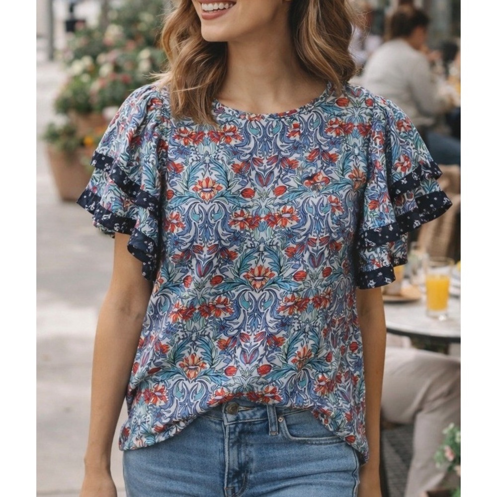 LOFT Womens XS Floral Damask Flutter Sleeve Blouse Blue Red Keyhole Back Top